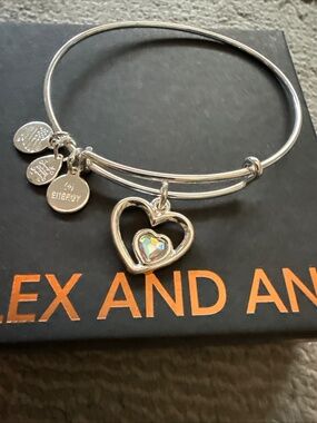 Alex and Ani Heart In A Heart / Double Heart Silver Charm Bangle Bracelet